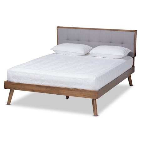Baxton Studio Alke Light Grey Upholstered Walnut Wood King Size Platform Bed 163-10480